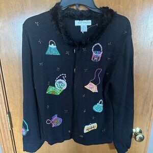 THAT SWEATER Long Sleeved Button Up Brand NEW never worn beaded Purse Design